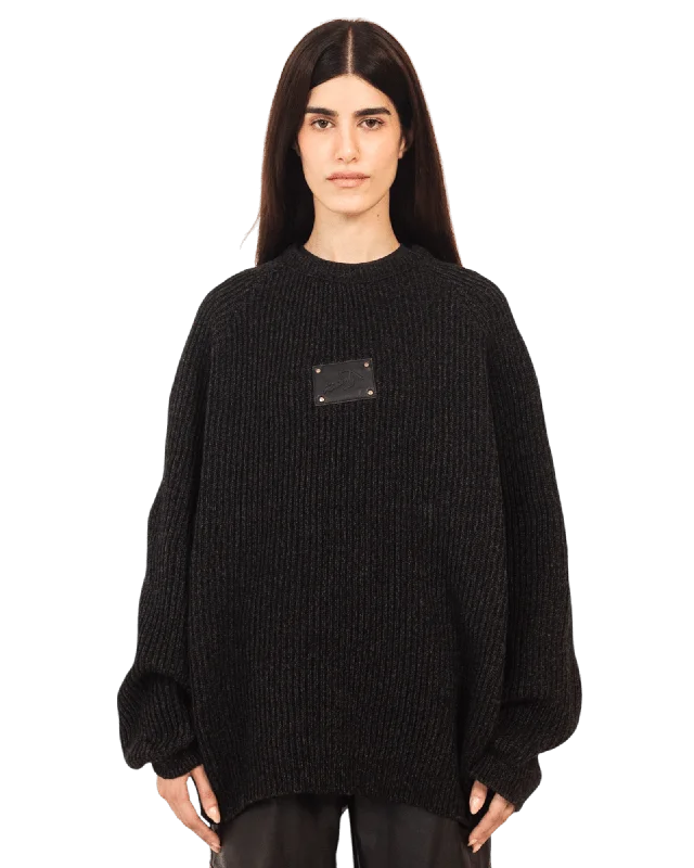 Women's Belted Pullovers-BLACK KNIT JACQUARD SWEATER