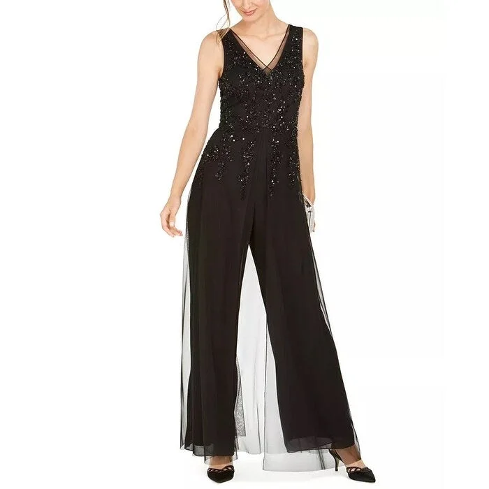 Women's Casual Wrap Dresses-Adrianna Papell Women's Embellished Wide Leg Jumpsuit Black Size 6 Petite - 6 Petite