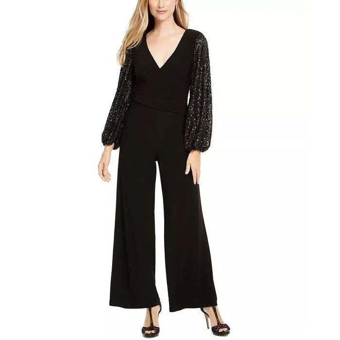 Women's Casual Asymmetrical Dresses-Adrianna Papell Women's Sequin Sleeve Jumpsuit Black Size 8