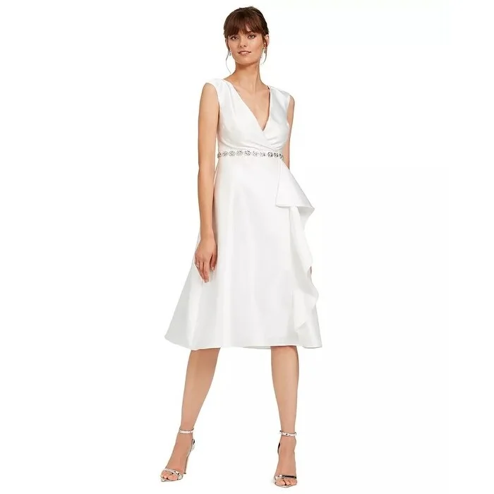 Women's Casual Drop Waist Dresses-Adrianna Papell Women's Tea-Length Mikado Dress White Size 2