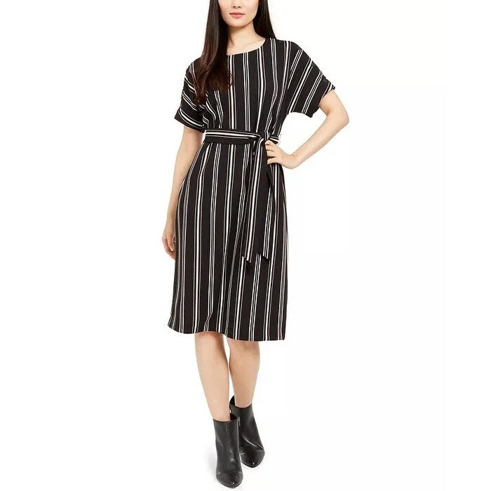 Women's Casual Fit-and-Flare Dresses-Alfani Women's Petite Striped Tie-Waist Dress Black Size 44