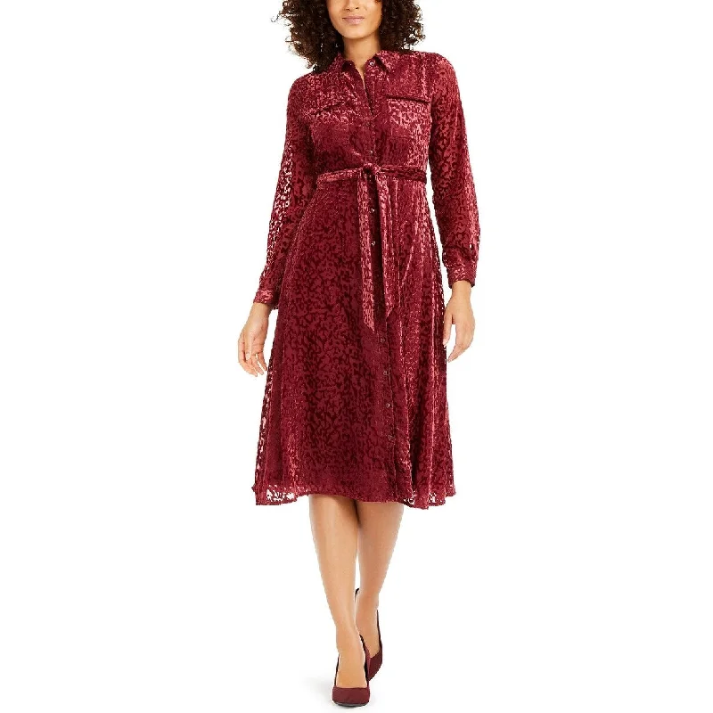 Women's Casual T-Shirt Floral Dresses-Alfani Women's Velvet Burnout Belted Shirtdress Wine Size 16