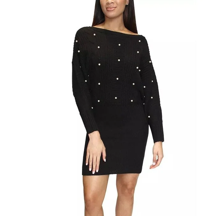 Women's Casual Shirt Dresses-Almost Famous Junior's Imitation Pearl Embellished Sweater Dress Black Size Large