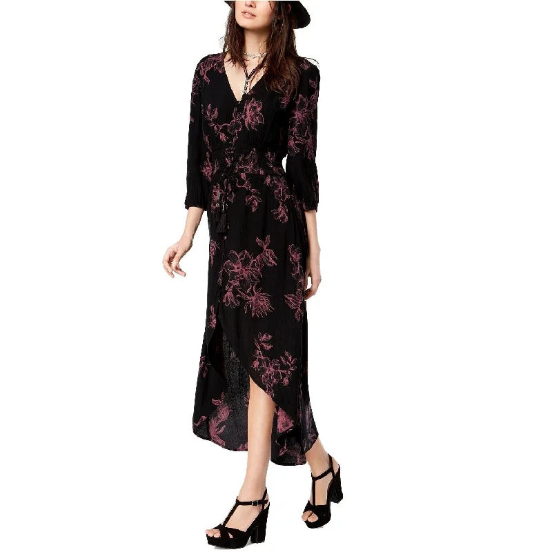 Women's Casual Concert Solid Color Dresses-American Rag Juniors Floral Print High Low Dress Classic Black Combo Size Extra Small - X-Small