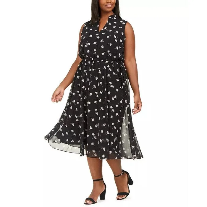 Women's Casual High-Low Dresses-Anne Klein Women's Printed Drawstring A-Line Dress Black Size 3X