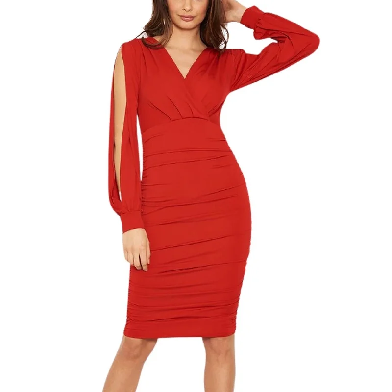 Women's Casual Ruffle Dresses-Ax Paris Women's Split Sleeve Ruched Bodycon Dress Red Size 10