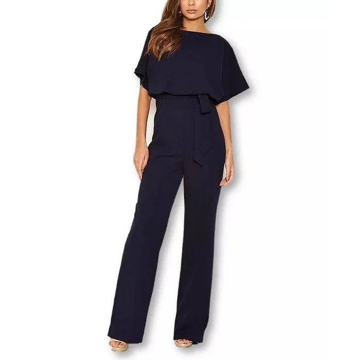 Women's Casual Henley Dresses-AX Paris Women's Tie Waist Jumpsuit Navy Size 15