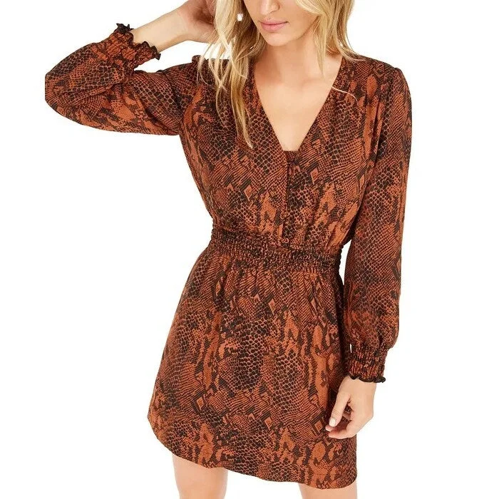 Women's Casual Park Print Dresses-Bar III Women's Becca Tilley X Smocked-Waist Dress Orange Size L - Large