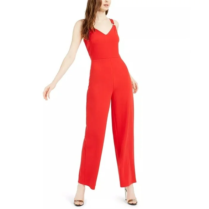 Women's Casual Vacation Dresses-Bar III Women's O Ring Jumpsuit Red Size 12