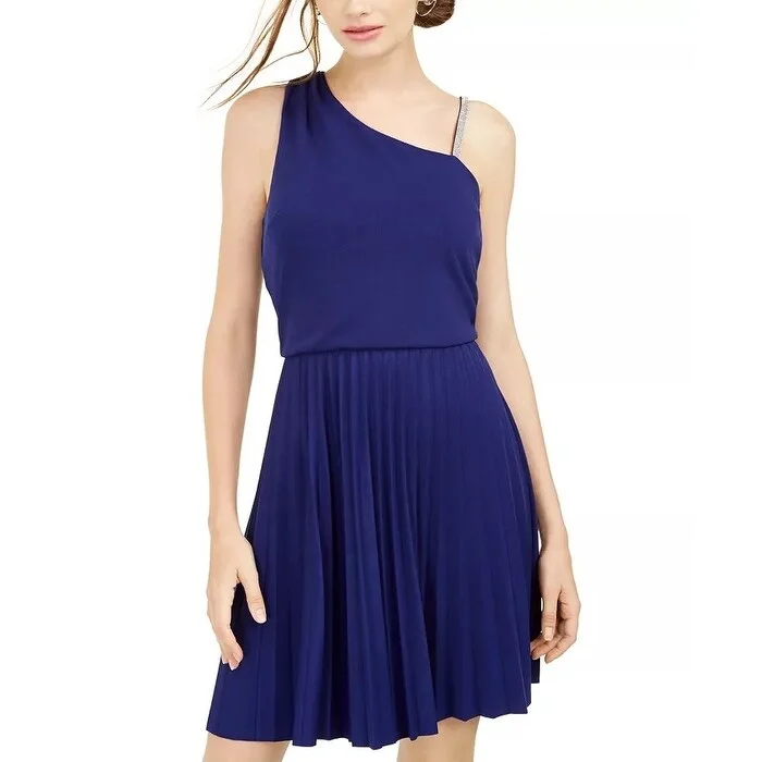 Women's Casual Solid Color Dresses-BCX Junior's Asymmetrical Strap Dress Blue Size Medium