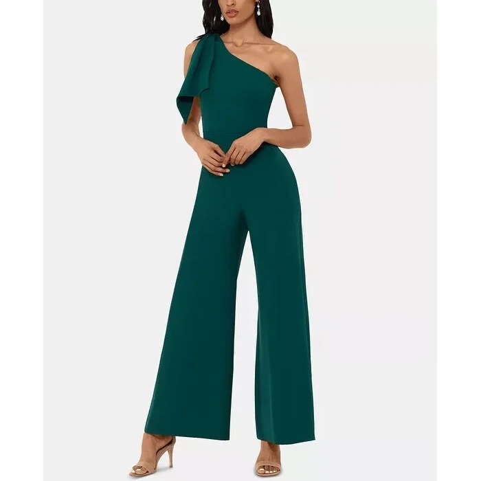 Women's Casual Mini Solid Color Dresses-Betsy & Adam Women's One-Shoulder Bow Jumpsuit Dark Green Size 6