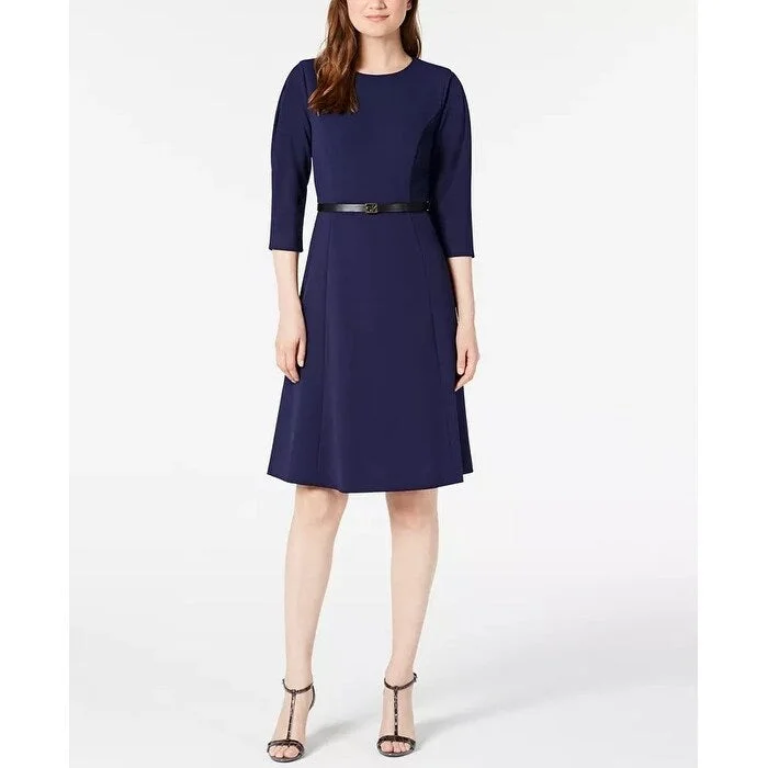 Women's Casual Resort Floral Dresses-Calvin Klein Women's Belted A Line Dress Navy Size 4 Petite