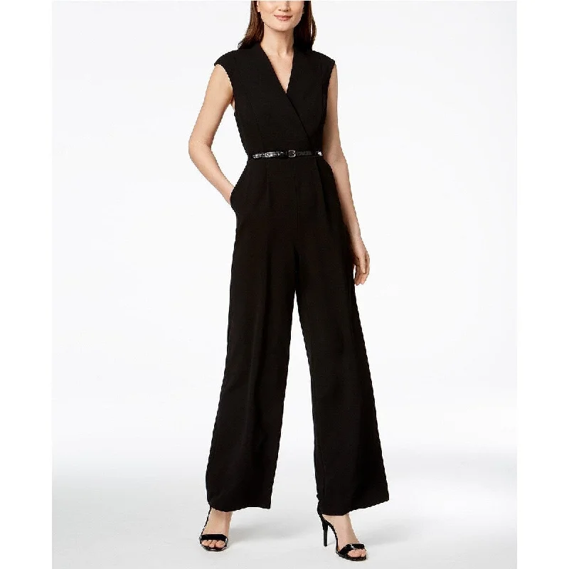 Women's Casual Festival Print Dresses-Calvin Klein Women's Belted Cap-Sleeve Jumpsuit Black Size 4