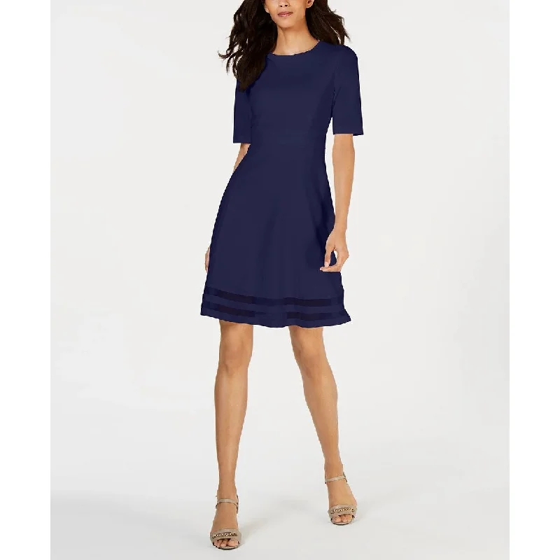 Women's Casual Sundress Solid Color Dresses-Calvin Klein Women's Elbow-Sleeve Illusion-Detail Dress Navy Size 2