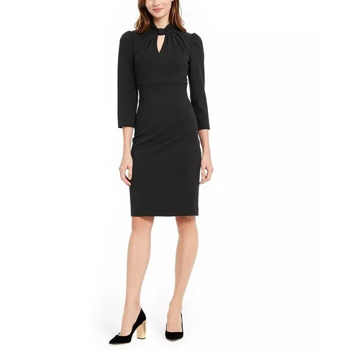 Women's Casual Vacation Dresses-Calvin Klein Women's Keyhole Puff-Sleeve Dress Black Size 8