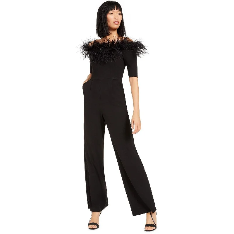 Women's Casual Travel Print Dresses-Calvin Klein Women's Off The Shoulder Feather Jumpsuit Black Size 2