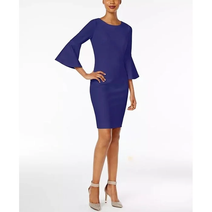 Women's Casual Sundresses-Calvin Klein Women's Petite Bell-Sleeve Sheath Dress Blue Size 1