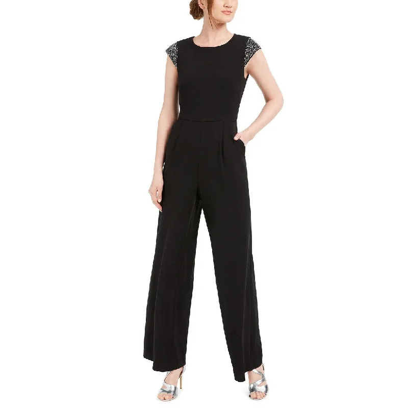 Women's Casual Date Solid Color Dresses-Calvin Klein Women's Petite Bling On Beaded Jumpsuit Black Size 4 P