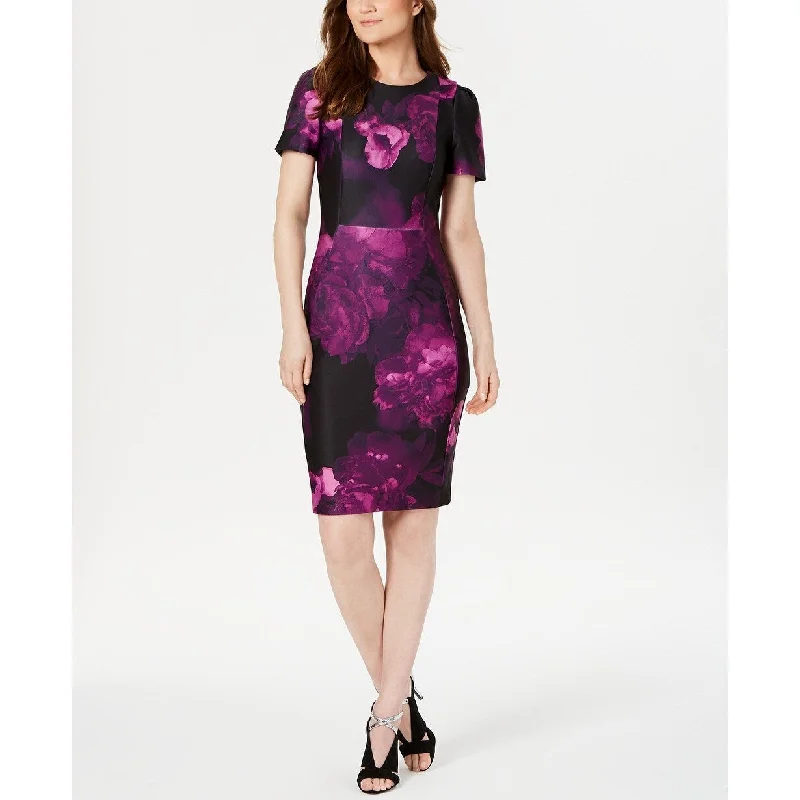 Women's Casual Vintage Dresses-Calvin Klein Women's Petite Floral Puff Sleeve Sheath Dress Purple Size 1