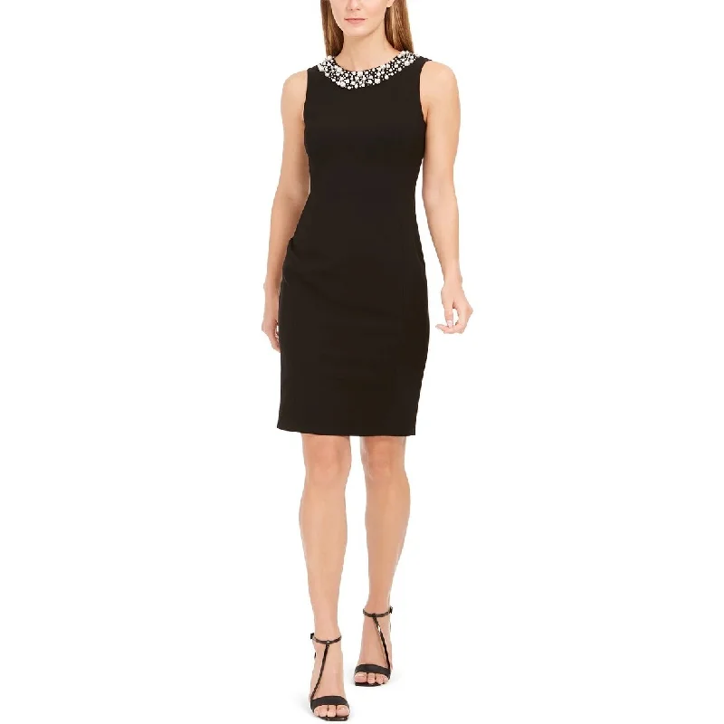 Women's Casual Bell Sleeve Dresses-Calvin Klein Women's Petite Imitation Pearl-Trim Sheath Dress Black Size 6