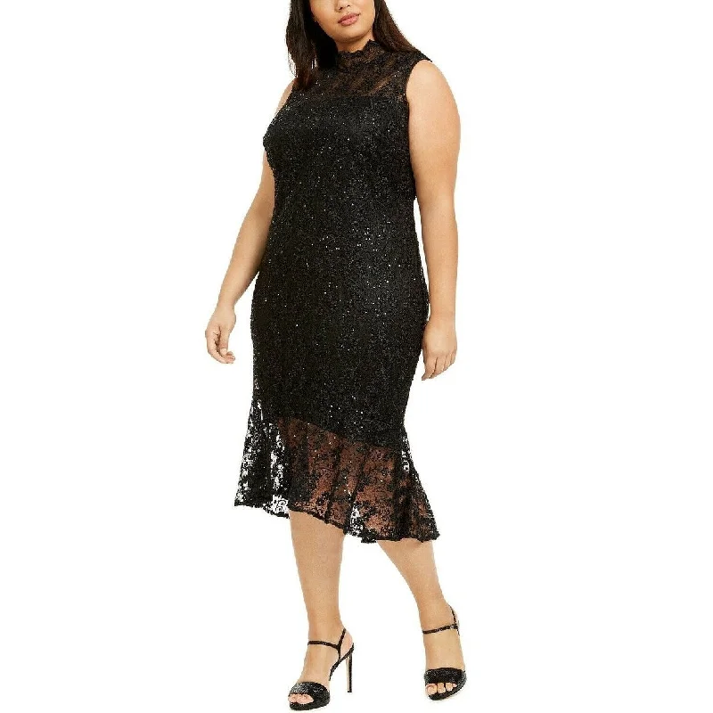 Women's Casual Balloon Sleeve Dresses-Calvin Klein Women's Plus Size Mock-Neck Lace Dress Black Size S - Petite Small