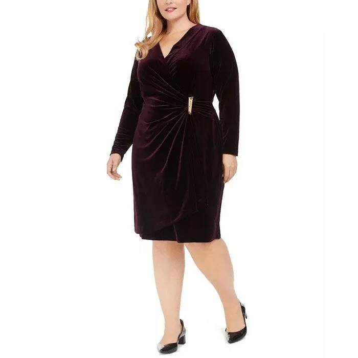 Women's Casual A-Line Print Dresses-Calvin Klein Women's Plus Size Velvet Wrap Sheath Dress Purple Size Small Petite - Small-Petite