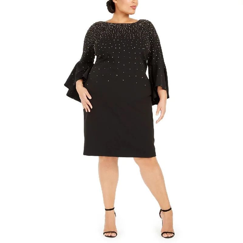 Women's Casual Polka Dot Dresses-Calvin Klein Women's Plus Studded Bell Sleeve Dress Black Size 18W