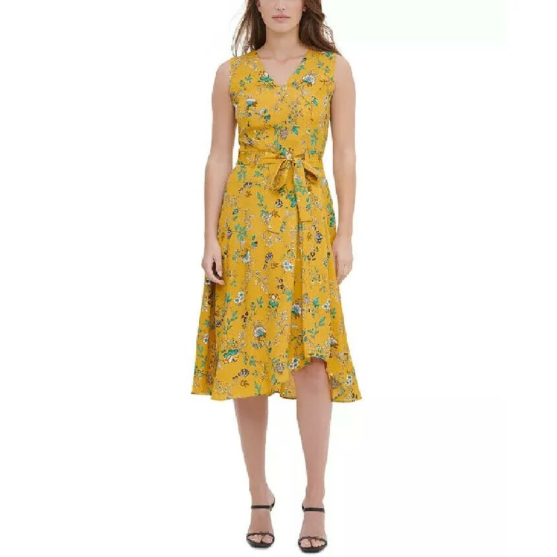 Women's Casual Shimmer Dresses-Calvin Klein Women's Printed Ruffed Tie-Front Dress Yellow Size 2