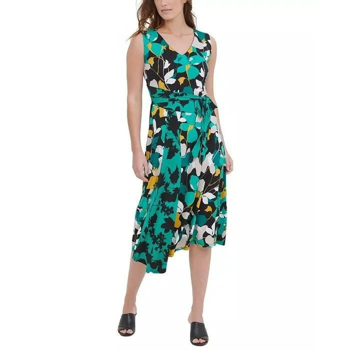 Women's Casual Chic Dresses-Calvin Klein Women's Printed Tie Waist Dress Green Size Small