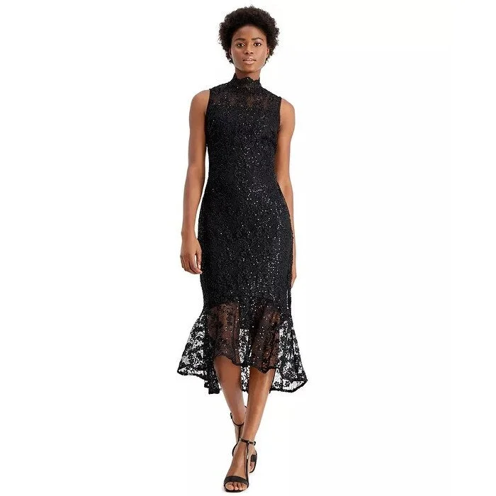 Women's Casual Picnic Solid Color Dresses-Calvin Klein Women's Sequin Lace High Low Sheath Dress Black Size 16