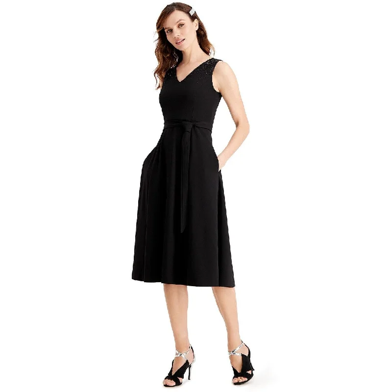 Women's Casual Family Gathering Dresses-Calvin Klein Women's Shoulder Embellished Belted Dress Black Size 6