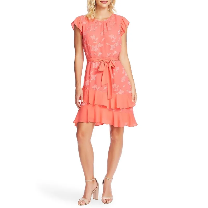 Women's Casual Mini Sundresses-CeCe Women's Clip Floral Flutter Sleeve Dress Orange Size Small