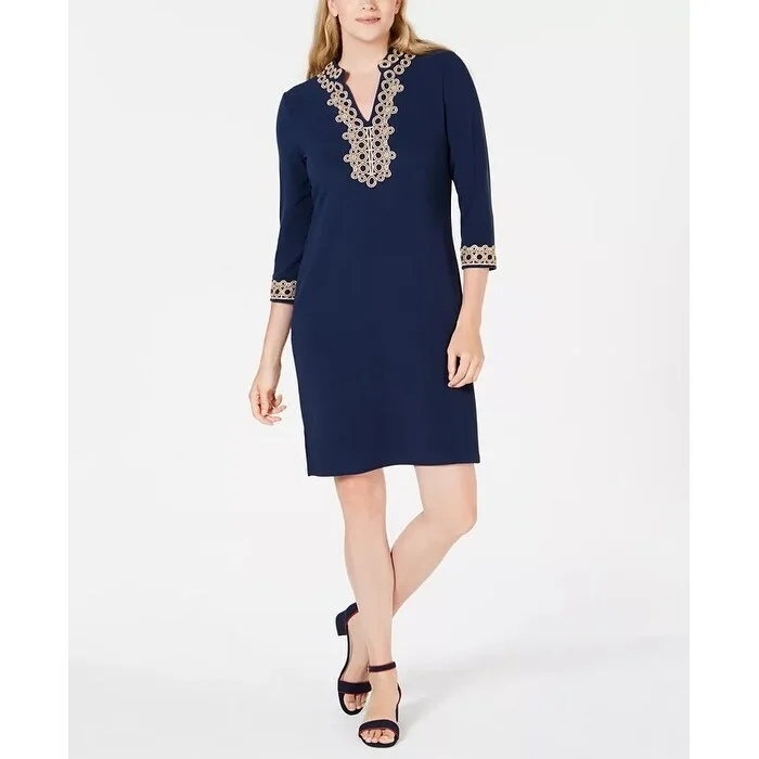 Women's Casual Tunic Dresses-Charter Club Women's Braided-Trim Shift Dress Blue Size Medium