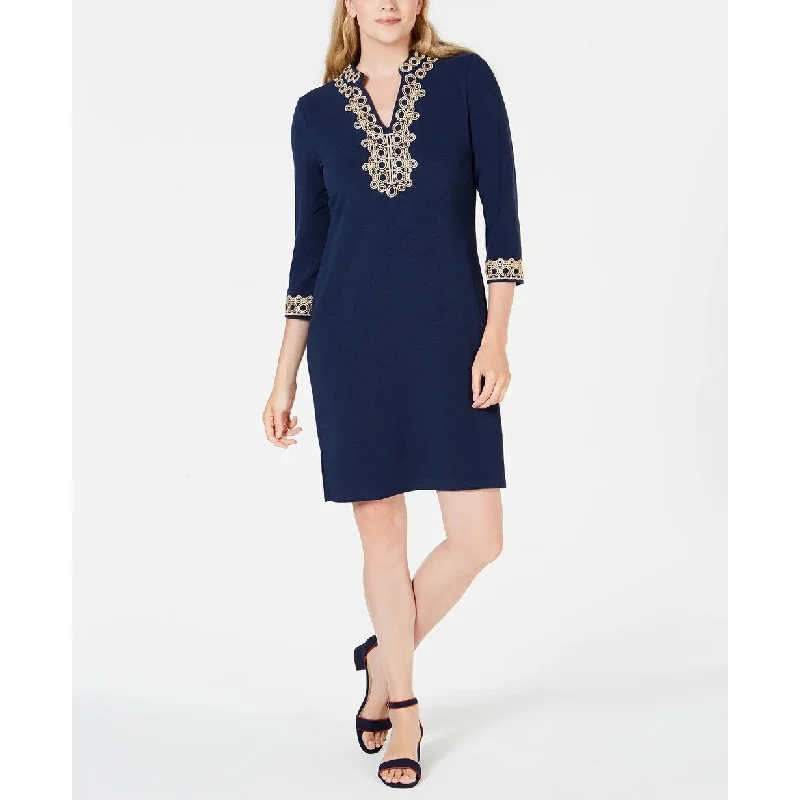 Women's Casual Cold Shoulder Dresses-Charter Club Women's Braided-Trim Shift Dress Blue Size Small