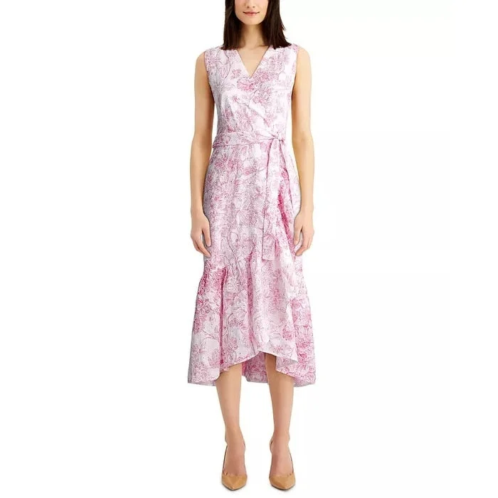 Women's Casual Brunch Print Dresses-Charter Club Women's Eyelet Ruffled Faux-Wrap Dress Pink Size 10