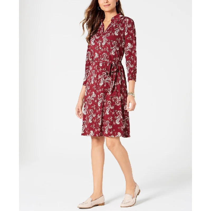 Women's Casual Dressy Dresses-Charter Club Women's Paisley Polo Shirtdress Wine Size Medium