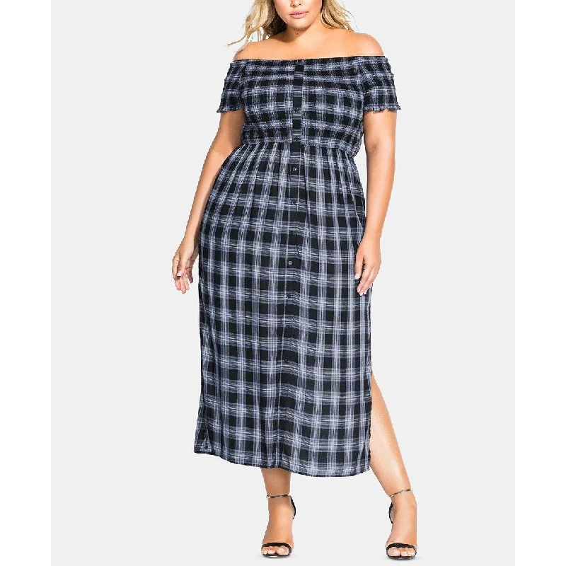 Women's Casual 3/4 Sleeve Dresses-City Chic Women's Plus Size Rebel Check Off The Shoulder Dress Black Size 20