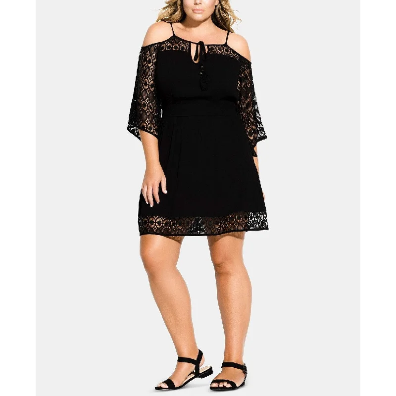 Women's Casual Elbow Sleeve Dresses-City Chic Women's Trendy Plus Size Crochet-Trim Tunic Coverup Black Size Extra Small