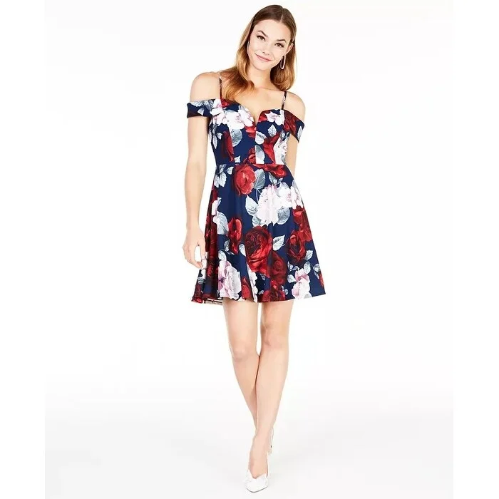 Women's Casual Picnic Dresses-City Studios Junior's Off The Shoulder Floral Dress Navy Size 5