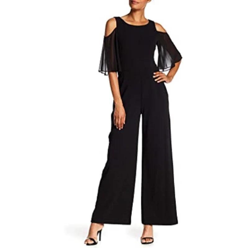 Women's Casual Asymmetrical Dresses-Connected Women's Cold Shoulder Wide Leg Jumpsuit Black Size 14