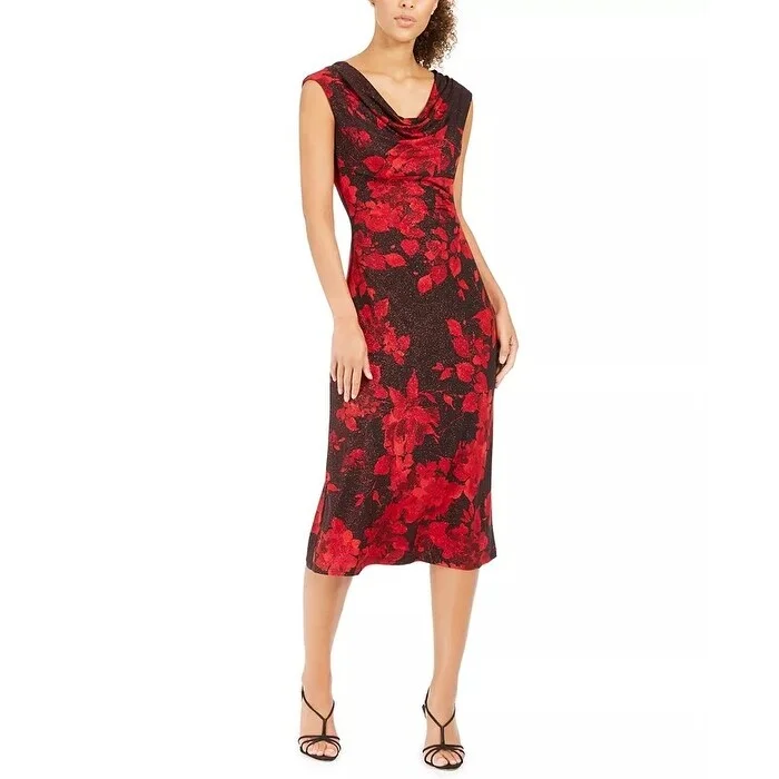 Women's Casual Mini Solid Color Dresses-Connected Women's Floral Print Sheath Dress Red Size 8