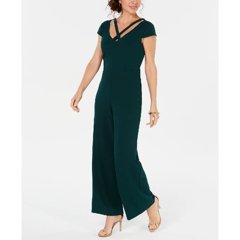 Women's Casual Brunch Solid Color Dresses-Connected Women's Petite Crisscross Wide-Leg Jumpsuit Green Size 8 P