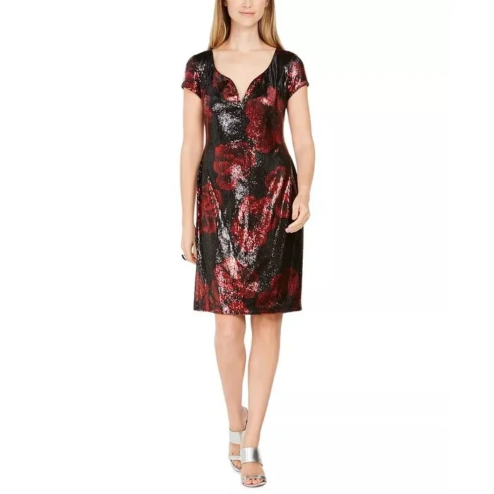 Women's Casual Lounge Solid Color Dresses-Connected Women's Sequined Floral Print Dress Red Size 14