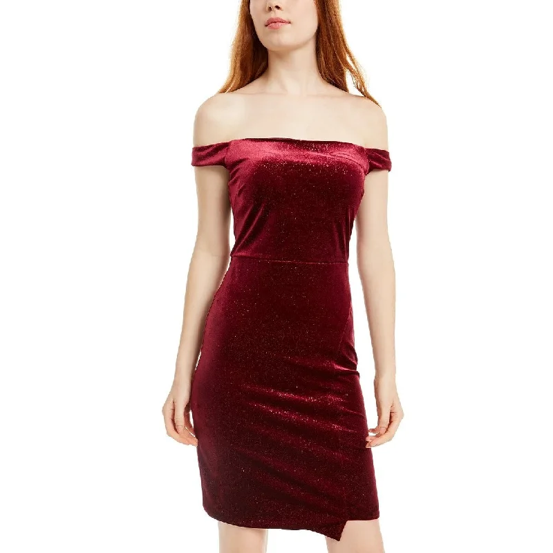 Women's Casual Shift Solid Color Dresses-Crystal Doll Junior's Off The Shoulder Glitter Velvet Dress Red Size 0