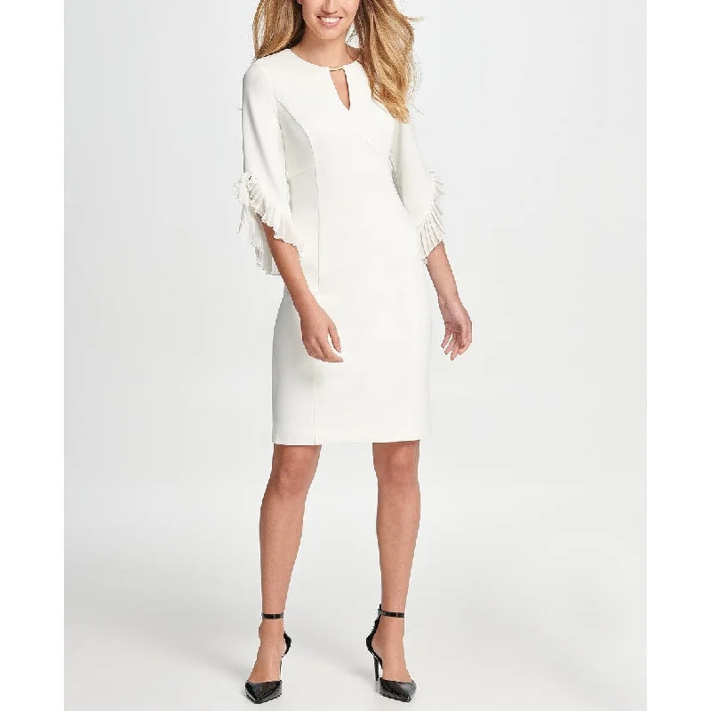 Women's Casual Layered Dresses-DKNY Women's Keyhole Neck Chiffon Tulip Sleeve Sheath Dress White Size 6