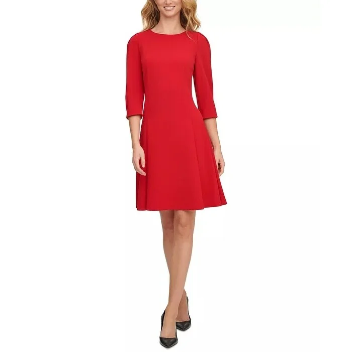 Women's Casual Wrap Print Dresses-DKNY Women's Puff Sleeve A Line Dress Red Size 6