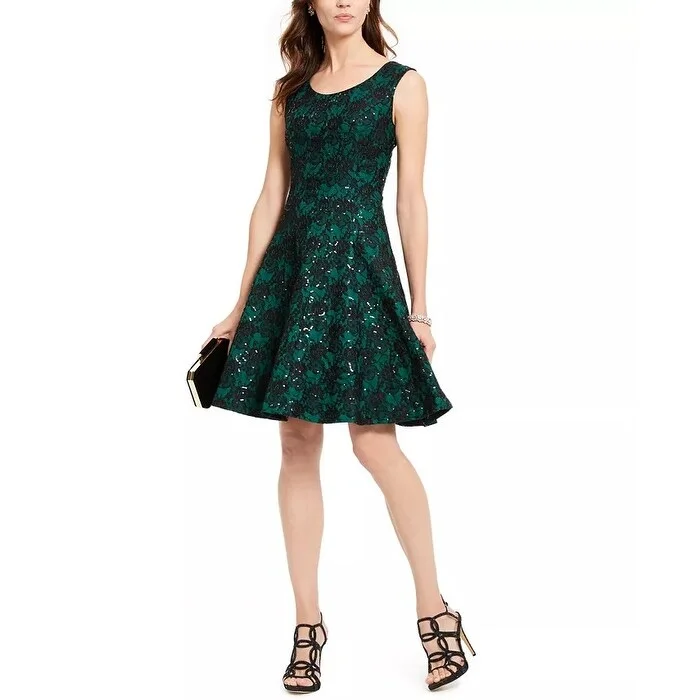 Women's Casual Cap Sleeve Dresses-INC International Concepts Women's Sequined Lace Dress Green Size 18