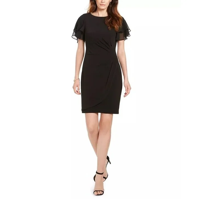 Women's Casual Festival Solid Color Dresses-Jessica Howard Women's Petite Flutter-Sleeve Dress Black Size 14 P - 14 P