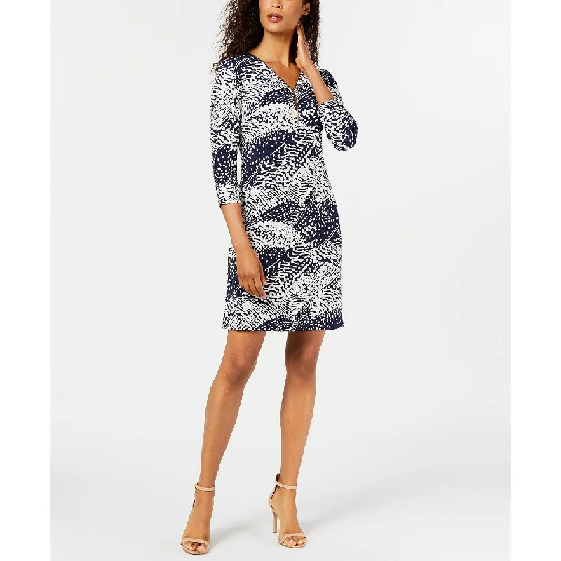 Women's Casual Tunic Dresses-JM Collection Women'sCollection Printed Zip-Neck Dress Blue Size Small