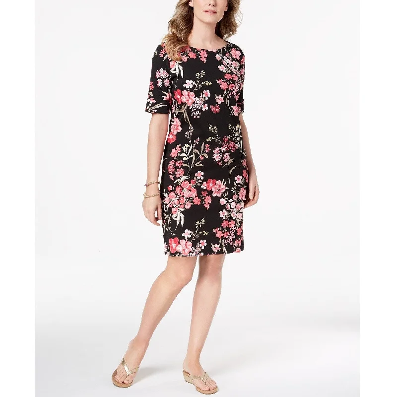 Women's Casual Errand Dresses-Karen Scott Women's Floral Print Elbow Sleeve Dress Black Size Large